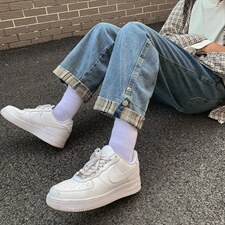 格子卷边搭扣牛仔裤男新款学院风情侣休闲老爹裤显瘦裤子，男装牛仔裤，星座302B