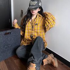2025美式复古多巴胺黄色格子衬衫男女高街衬衣开衫长袖外套上衣，男装衬衫，星座506A