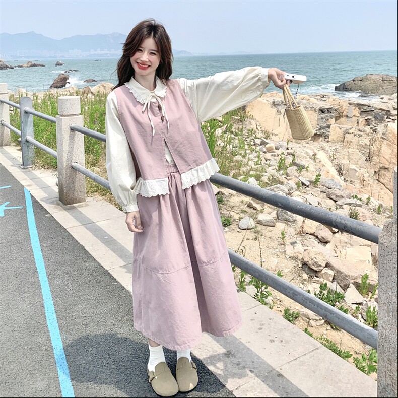 甜美少女粉色马甲叠穿长袖衬衫套装女春秋独特漂亮裙子减龄三件套,女装套装/套裙,2C056