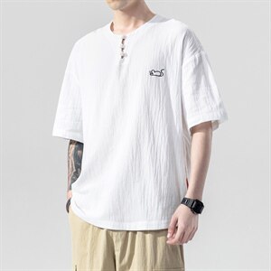 2021夏季新款日系大码男棉老鼠刺绣麻短袖亚麻风T恤T193-P30图片
