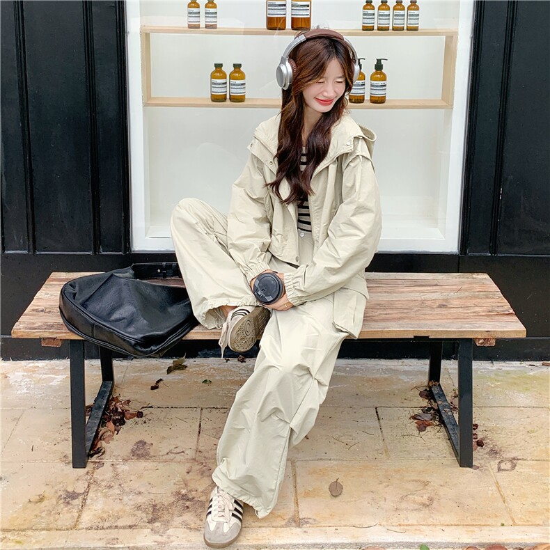 设计感酷飒拽姐工装套装女2025秋季新款连帽外套拼接阔腿裤两件套,女装套装/套裙,2C275