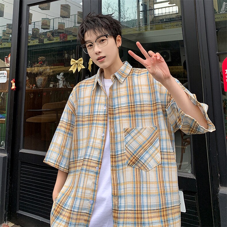 短袖衬衫男夏季新款磨毛格子衬衣DX002-特批26 无差价图片