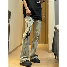 DT67-P50水洗做旧浅蓝色微喇叭牛仔裤男拖地裤子-网图大货，男装牛仔裤，星座603-2
