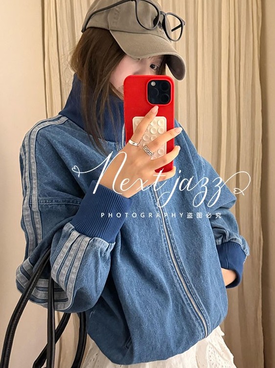 网图现货复古气质三条杠牛仔外套男女秋季棒球服夹克上衣特P85,男装工装外套,电商C306-1