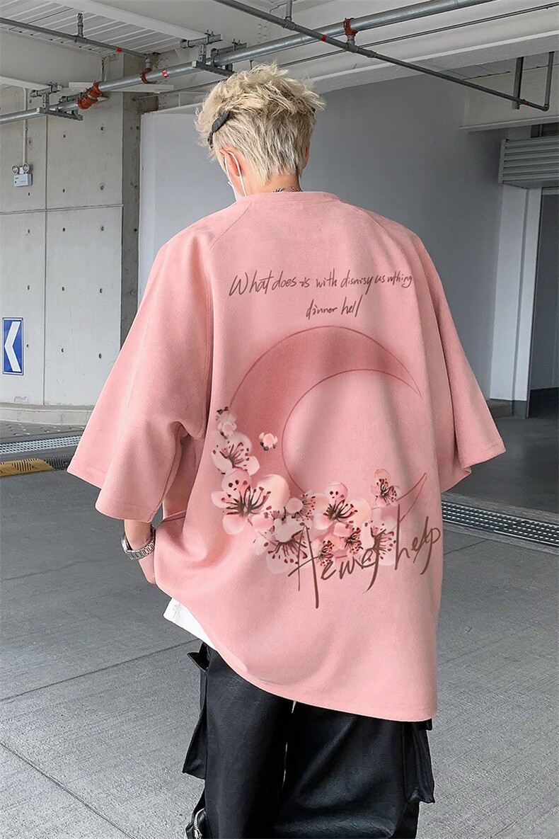港风2025夏季麂皮绒情侣半袖上衣男女大码宽松短袖T恤潮H9904-P28,男装T恤,电商B295