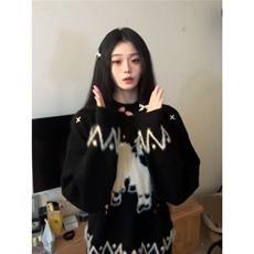 韩版潮流甜美趣味小羊提花黑色保暖毛衣女秋冬季新款宽松针织衫潮，男装针织衫/毛衣，星座506A
