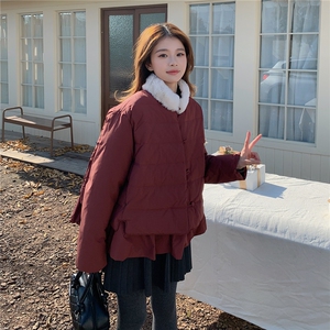 韩版短款羽绒服女2025冬季新款今年流行毛领收腰保暖外套酒红色图片