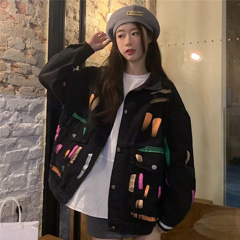 887-P52彩色涂鸦牛仔外套女春秋新款大码胖MM设计感小众,男装工装外套,电商B323A