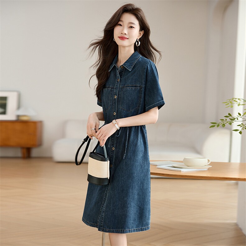休闲纯棉牛仔连衣裙女2025夏季新款抽绳收腰显瘦气质减龄衬衫裙子,女装牛仔裙,韩派