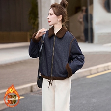 时尚拼接翻领加绒牛仔短外套女2024冬季新款小个子休闲羊羔毛棉服，女装牛仔外套，美拉德工厂直营店