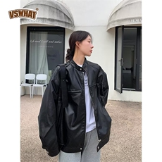 美式复古纯色拉链立领PU皮衣女春新款季宽松皮夹克潮牌机车外套，男装夹克，星座1210-1