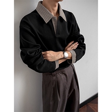 白色cleanfit千鸟格重磅长袖T恤男美式内搭打底衫翻领Polo衫卫衣，男装Polo衫，四季星座505