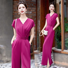 【喜妙】2025气质高级感通勤短袖收腰绑带修身紫色连衣裙女D1305，女装连体裤，布芭啦