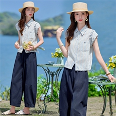 2026年夏季新款木耳边甜美衬衫阔腿裤两件套套装女，女装套装/套裙，依路服饰