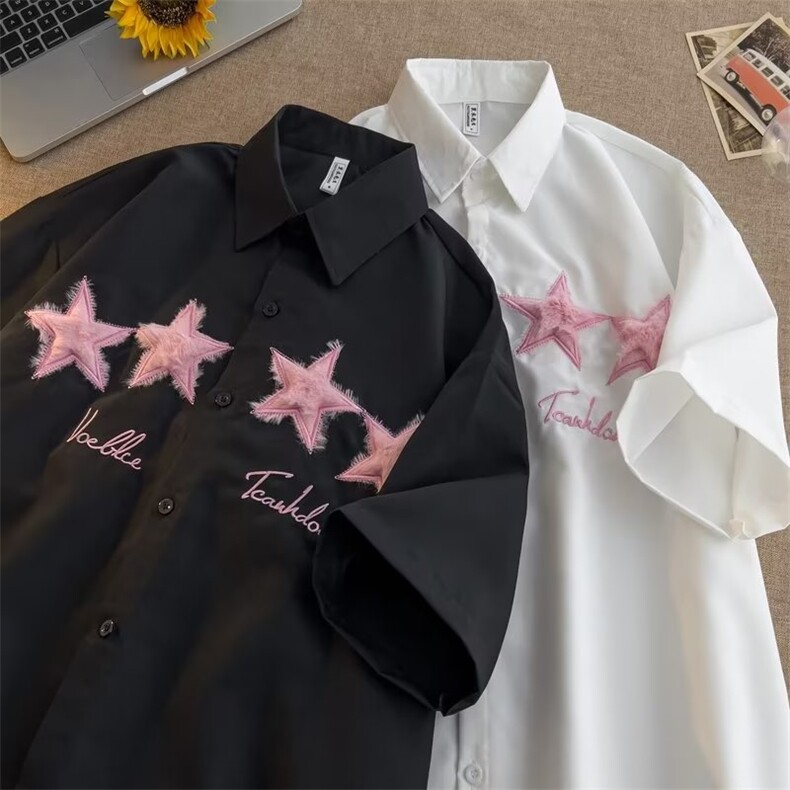 日系星星刺绣短袖衬衫男女夏季ins宽松潮高街痞帅CS113-P35,男装衬衫,星座1109-3