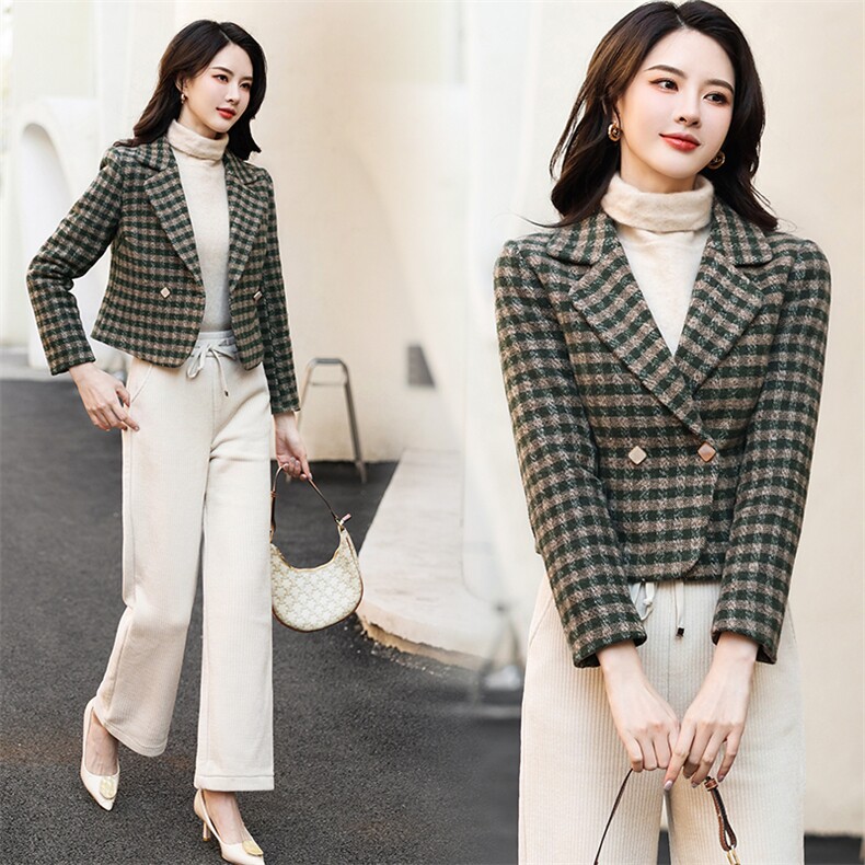 婵米儿毛呢外套女2025秋冬新款韩版修身格子小西装上衣外搭，女装毛呢外套，婵米儿