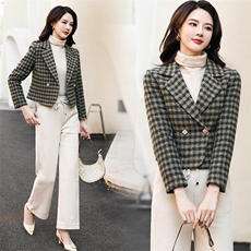 婵米儿毛呢外套女2025秋冬新款韩版修身格子小西装上衣外搭，女装毛呢外套，婵米儿