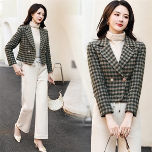 婵米儿毛呢外套女2025秋冬新款韩版修身格子小西装上衣外搭，女装毛呢外套，婵米儿