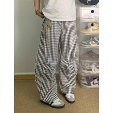 慵懒格子弯刀休闲裤子男女设计感星星挂饰阔腿直筒长裤LSA170-p48，男装休闲裤，星座1008