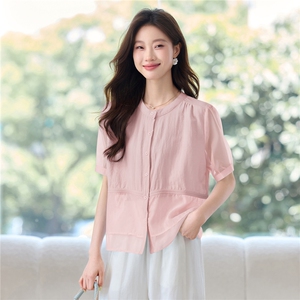 洋气小衫女2025年夏季新款气质棉质短袖时尚上衣宽松显瘦衬衣圆领图片