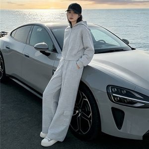 女春季新款时尚休闲套装宽松减龄拉链开衫抽绳外套直筒长裤两件套图片