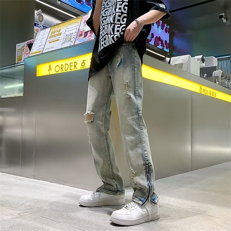 美式高街vibe做旧牛仔裤男拉链开衩复古直筒修身裤子男NY728-P49图片