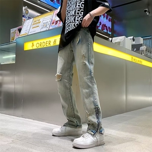 美式高街vibe做旧牛仔裤男拉链开衩复古直筒修身裤子男NY728-P49图片