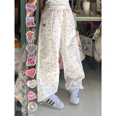 美式白色碎花工装裤女夏季薄款2026新款宽松休闲小个子阔腿运动裤，男装工装外套，星座601-1