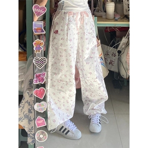 美式白色碎花工装裤女夏季薄款2026新款宽松休闲小个子阔腿运动裤图片