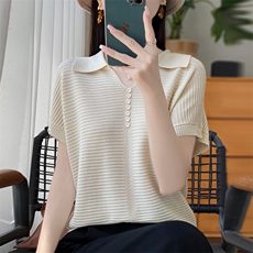 翻领冰丝针织短袖T恤女2025新款加肥大码女装夏季短款显瘦V领上衣，女装针织衫/毛衣，大美人包芯纱店