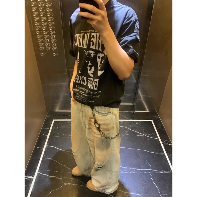 黄泥染水洗做旧破洞宽松牛仔裤废土小众直筒阔腿长裤NZ480特P52,男装牛仔裤,星座908-1