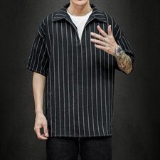 灰墙夏季条纹拉链新款短袖体恤衫潮男宽松大码polo衫T2005-P40，男装Polo衫，电商A177