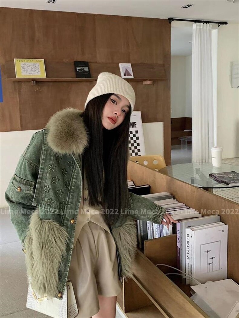 【现货】2022年冬装环保毛拼接牛仔羽绒服，女装羽绒服，Lime meca 俪米