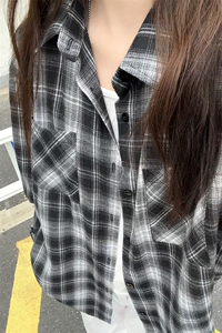 秋季新款复古格子翻领长袖衬衫外套男潮流宽松C5453-特P30控58图片