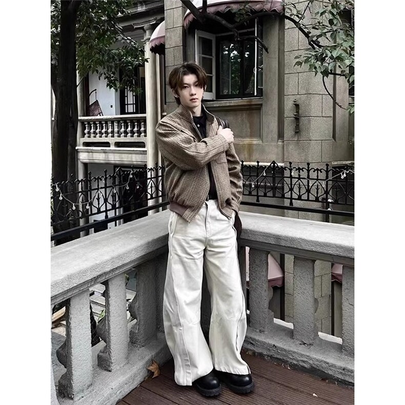 摩登复古卡其色千鸟格短宽夹克男士小香风外套网图XZ127-P70,男装夹克,星座1001-1