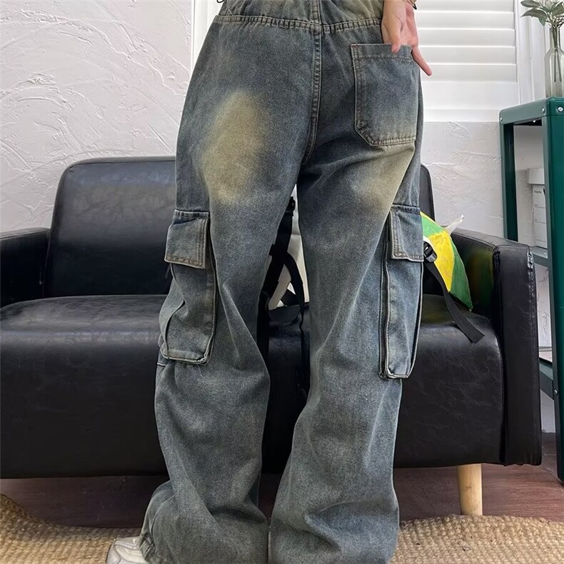 美式街头风多口袋水洗工装牛仔裤男女宽松阔腿长裤潮N1115-P62,男装牛仔裤,星座208-5