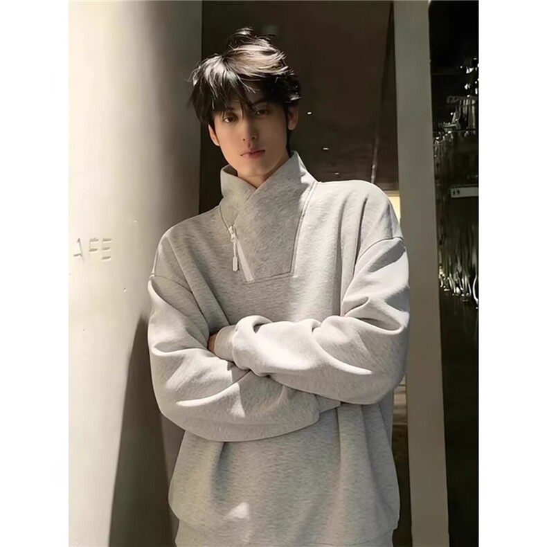 灰色斜领拉链卫衣男美式正肩立领长袖t恤内搭打底衫L80188-P40图片