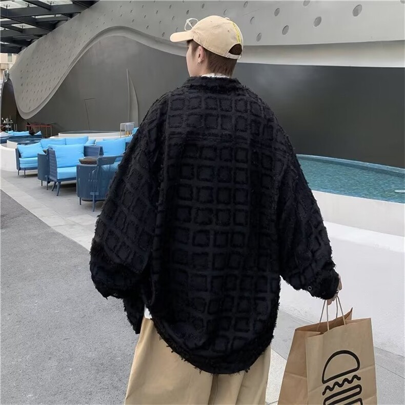 格子长袖衬衫男春秋款高级感潮牌痞帅衬衣外套美式上衣W1373/P50,男装衬衫,星座506