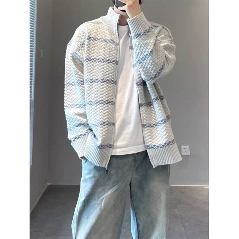 现货复古条纹立领拼接针织衫男M21/P60,男装针织衫/毛衣,星座205-3