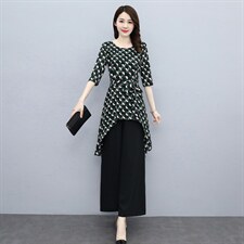 2022夏季新款时尚潮流个性不规则下摆圆领裙休闲阔腿裤两件套，女装套装/套裙，魅影