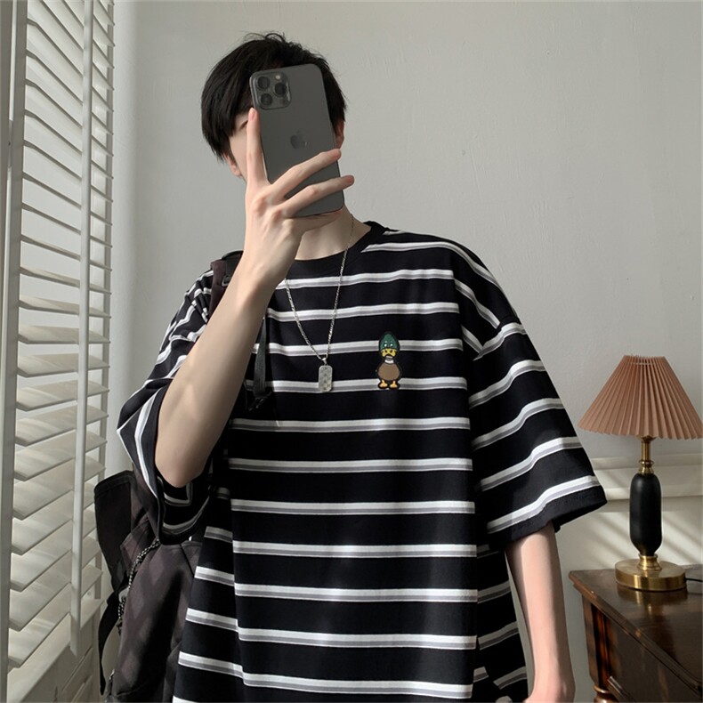 C354-P302024夏季复古宽松条纹t恤短袖男高街潮牌休闲上衣现货,男装T恤,星座512-6