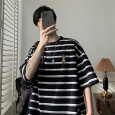 C354-P302024夏季复古宽松条纹t恤短袖男高街潮牌休闲上衣现货，男装T恤，星座512-6