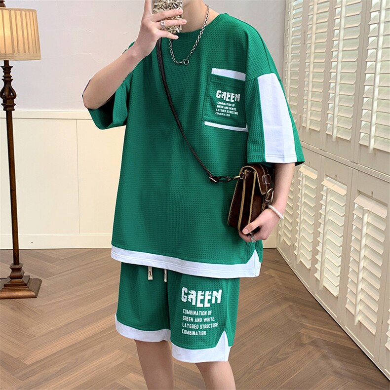 夏季港风华夫格短袖短裤两件套男潮情侣半袖T恤运动套装6618-P60，男装T恤，电商A441-1