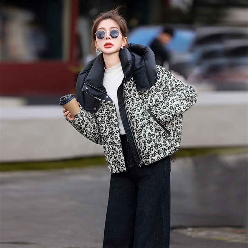 时尚印花连帽羽绒服女2024冬季洋气独特别致小个子短款白鸭绒外套,女装羽绒服,歌伊格美