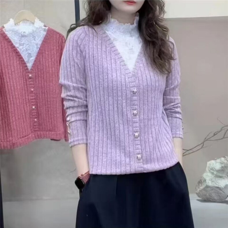 春季新款T恤蕾丝拼接高领时尚休闲洋气百搭长袖女假两件上衣,针织衫/毛衣,思沃羊绒