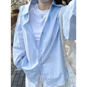 奶蓝色长袖衬衫男夏季薄款叠穿防晒衬衣纯色慵懒风外套 CY35图片