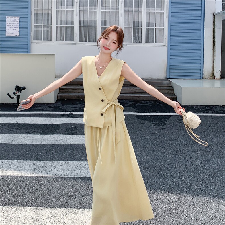 高转化26年夏装新款天丝麻系带马甲+裙子两件套182-8703P175K258,女装套装/套裙,帛香坊