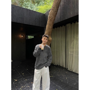 美式复古海马毛v领毛衣冬慵懒风灰色针织衫小众设计感外LF07 P75图片