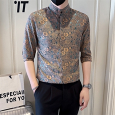 店主风社会小伙男七分袖立领提花衬衫男店主风301A-1/CS580/P55，男装衬衫，星座301A-1