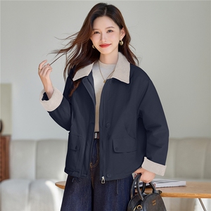 时尚撞色翻领加绒派克服外套女2025秋冬新款宽松显瘦休闲百搭棉服图片